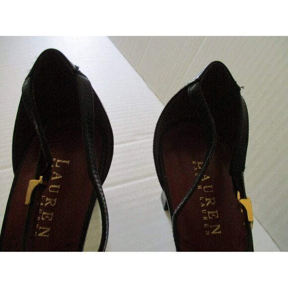 Ralph Lauren Black Leather T-Strap Heels Logo Buckles - Picture 5 of 7